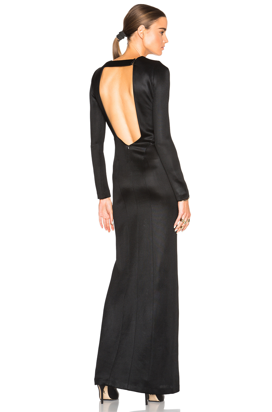 black long sleeve backless gown