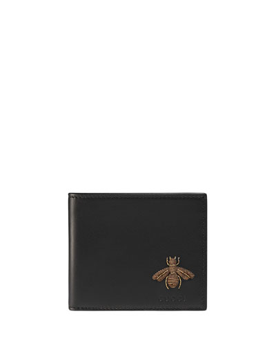 GUCCI Bee Embroidery Bi-Fold Leather Wallet in Black | ModeSens