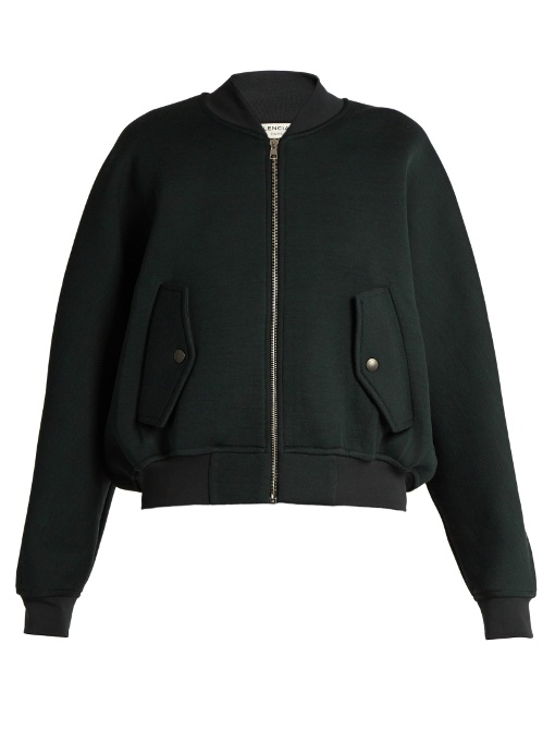 BALENCIAGA Wool-Blend Jersey Bomber Jacket, Dark Forest-Green | ModeSens