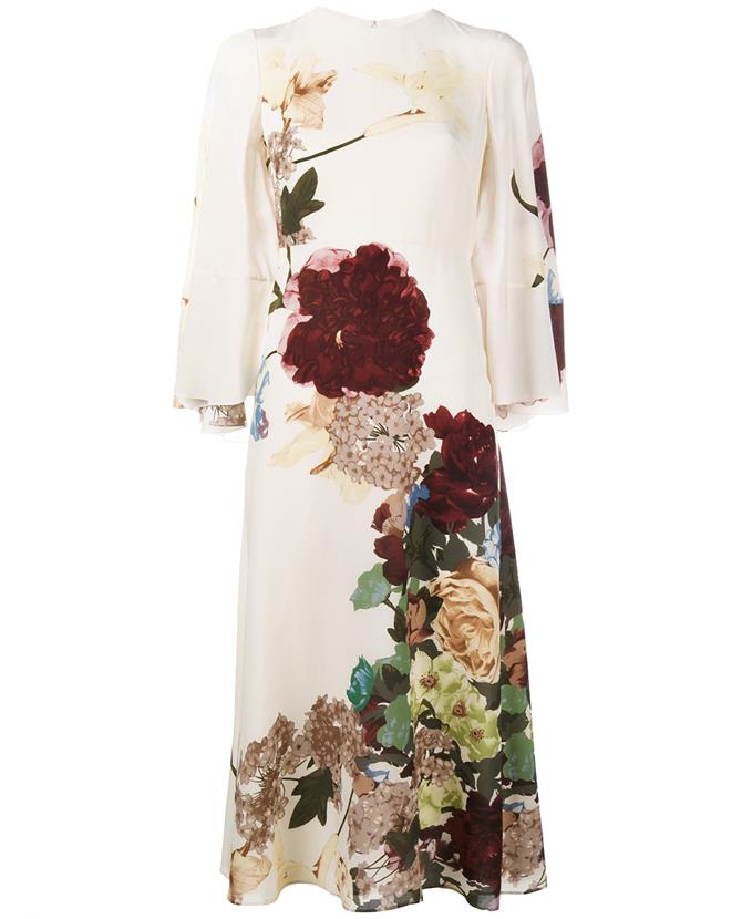 VALENTINO Floral-Print Bell-Sleeve Silk Capelet Dress, Milk in Multi ...