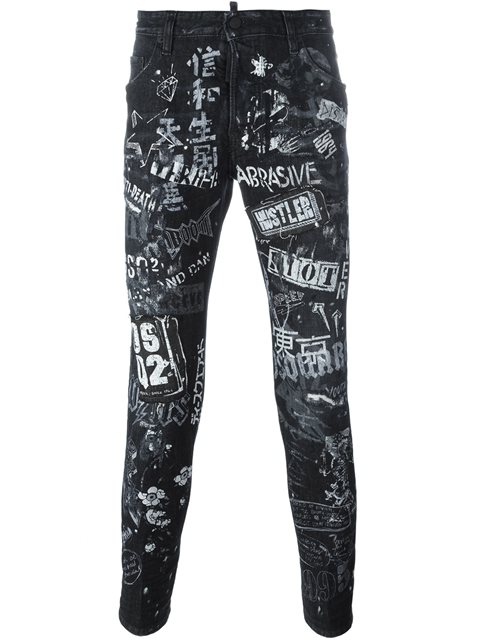 DSQUARED2 Graffiti-Print Skater Jeans, Black | ModeSens