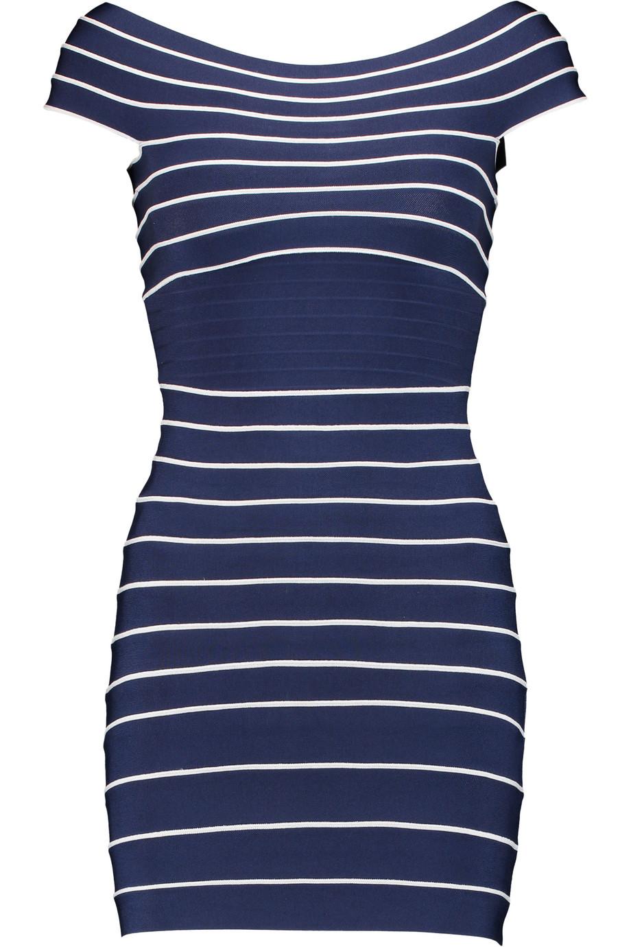 HERVE LEGER Striped Bandage Mini Dress, Navy | ModeSens