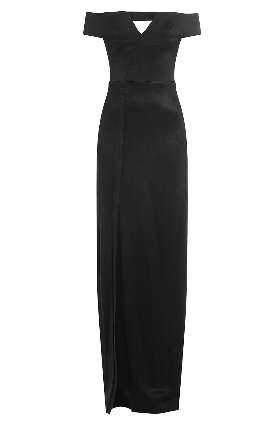 GALVAN Satin Floor Length Dress With Bardot Neckline, Black | ModeSens