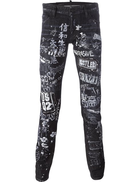 DSQUARED2 Graffiti-Print Skater Jeans, Black | ModeSens