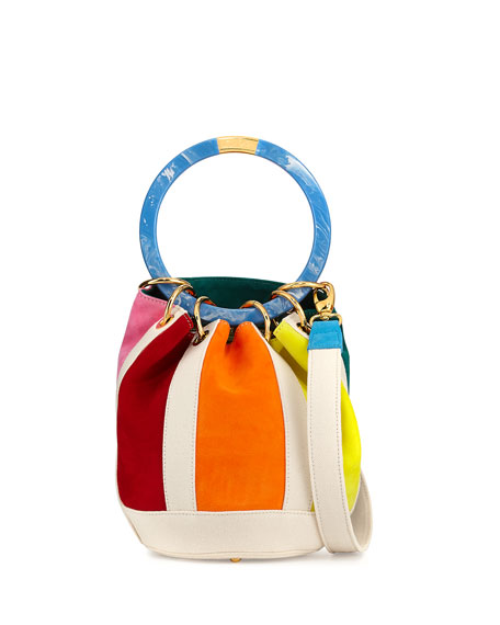EDIE PARKER Small Olivia Suede & Linen Bucket Bag, Rainbow | ModeSens