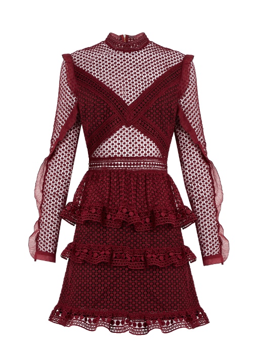 SELF-PORTRAIT Dot Mesh Tiered Mini Dress in Colour: Burgundy | ModeSens