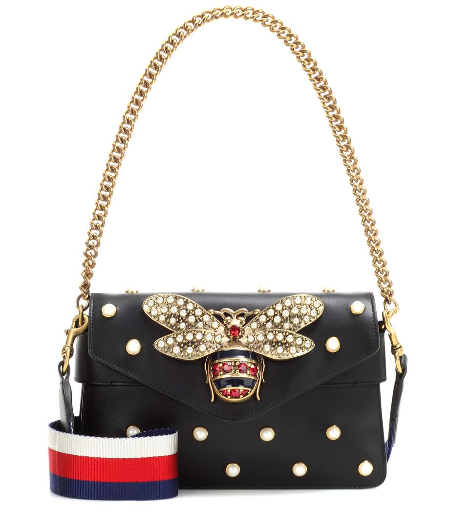 GUCCI Broadway Bee Embellished Leather Shoulder Bag in Black Leather ...