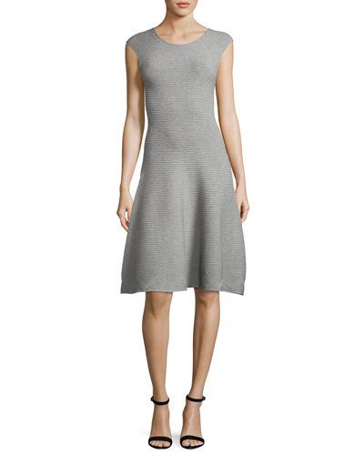 MILLY Cap-Sleeve Geometric-Textured Fit-&-Flare Dress, Gray | ModeSens