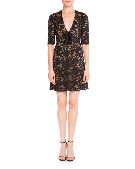 2 Stores In Stock: SAINT LAURENT Lace V-Neck Half-Sleeve Dress W/ Bow ...