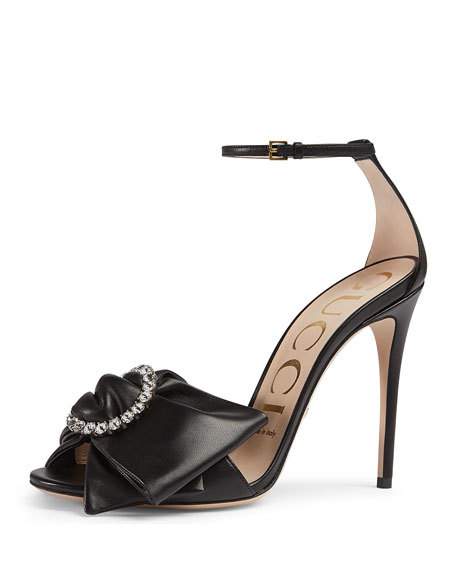 GUCCI Ilse Pleated Leather Bow Sandal, Black | ModeSens