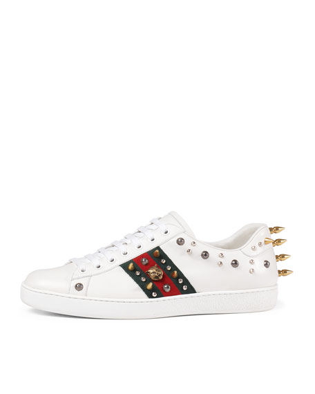 GUCCI New Ace Studded Leather Low-Top Sneaker, Bianco-Vrv | ModeSens