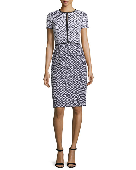 OSCAR DE LA RENTA Tweed Keyhole Sheath Dress, Navy/White | ModeSens