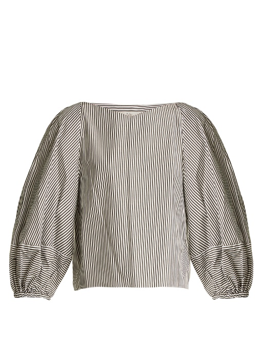 TIBI Puff-Sleeved Striped Cotton Cropped Top in Colour: Black | ModeSens