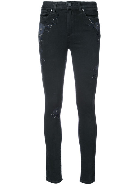 PAIGE Flower Embellished Skinny Jeans | ModeSens
