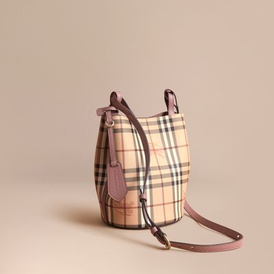 BURBERRY Leather And Haymarket Check Crossbody Bucket Bag in Black ...
