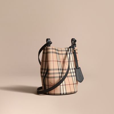 BURBERRY Leather And Haymarket Check Crossbody Bucket Bag in Black ...