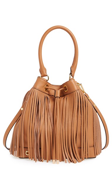 MILLY 'Essex' Fringed Leather Bucket Bag in Caramel | ModeSens